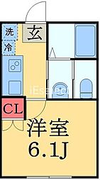 フォレストツインハウス2B棟 1Kの間取図画像