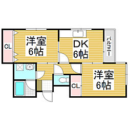 カザコシスカイハイツ 2DKの間取図画像