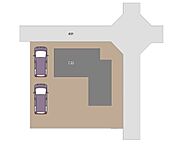 【区画図】拡張工事を行い縦列2台駐車可能になりました。南西側のお庭もございますので、ご家族でＢＢＱや家庭菜園など、多用途にお使いいただけます。