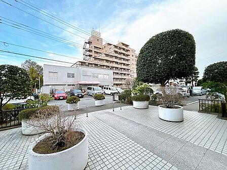 エントランスです。植木もきれいにお手入れされています。前面道路は車通りが少なしです。