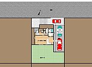 【区画図】区画図です。車庫は高さ、約2ｍ幅員約2.9ｍです。奥行約10ｍです。階段前に軽自動車は駐車可能です。庭には人工芝を施工しました。