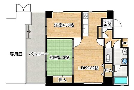 【リフォーム中】間取図です。バルコニーと専用庭付きです。