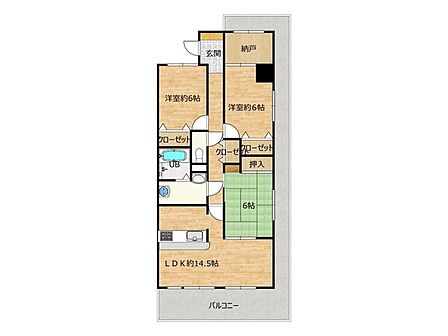 【現況間取り図】対面キッチンが嬉しい3SLDKのお部屋です。角部屋で南・東・北側とベランダが続いているのが特徴です。各居室にエアコンも設置可能ですよ。