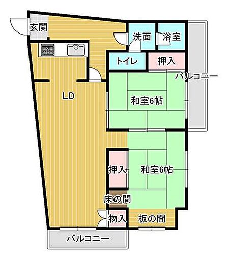 間取図 2面バルコニーで採光性が高く、陽当たりも良好です。
