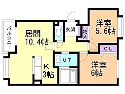 ノースヴィラ弐番館 2LDKの間取図画像