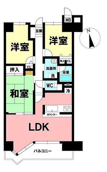 3LDK、専有面積73.81m2、バルコニー(南向)面積10.06m2 各居室収納付きでお部屋も片付きます。