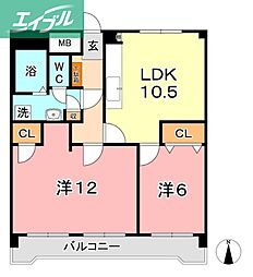 清幸マンション野田 2LDKの間取図画像