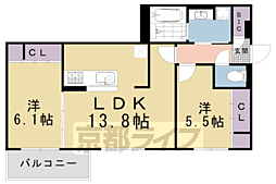 京都市営烏丸線 五条駅 徒歩2分の賃貸アパート 2階2LDKの間取り