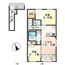 糟屋郡新宮町夜臼3丁目アパート 2LDKの間取図画像