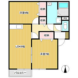 セジュール飛鳥B 2LDKの間取図画像