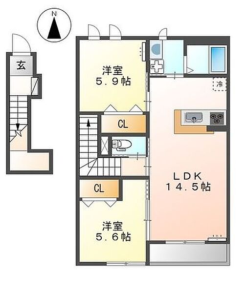 プリム・ローズ 205｜広島県福山市神辺町字上御領(賃貸アパート2LDK・2階・57.52㎡)の写真 その2