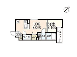 S-MOVE庚午北 205 2階1LDKの間取り