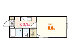 ウエストヒルズB 1Kの間取図画像
