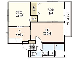 ウッドフィールド1 2LDKの間取図画像