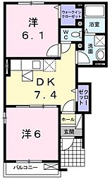 サンシャインヒルハウス1 2DKの間取図画像