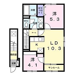 クレール亀山 2LDKの間取図画像