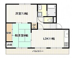 マンション尾那岡2号棟 2LDKの間取図画像