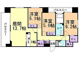 南円山シャトー桂和 3LDKの間取図画像