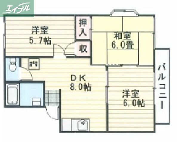 岡山県岡山市北区奥田南町(賃貸アパート3DK・2階・49.00㎡)の写真 その2