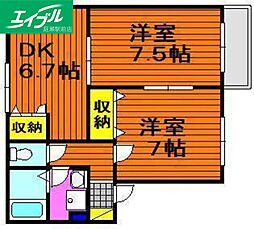 サンパティークB棟 2DKの間取図画像