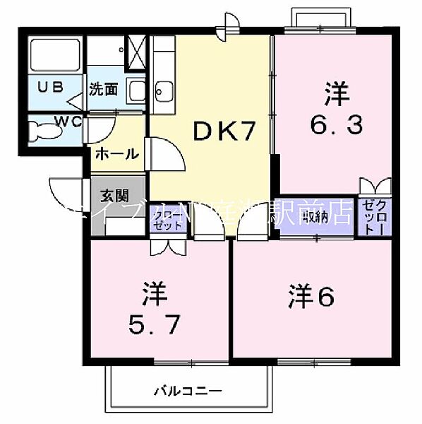 ローズガーデン陵南　Ｂ ｜岡山県岡山市北区東花尻(賃貸アパート3DK・1階・57.09㎡)の写真 その2