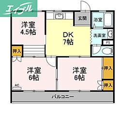大森サンハイム 3DKの間取図画像