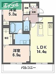 オースピシャス大安寺 2LDKの間取図画像