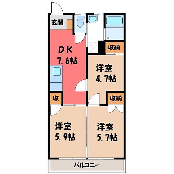 ハイツSK ｜栃木県小山市西城南1丁目(賃貸マンション3DK・3階・50.49㎡)の写真 その2