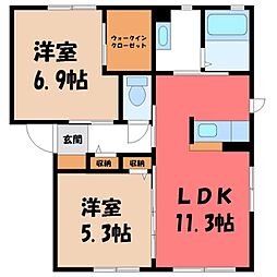 JR水戸線 下館駅 徒歩15分の賃貸アパート 2階2LDKの間取り