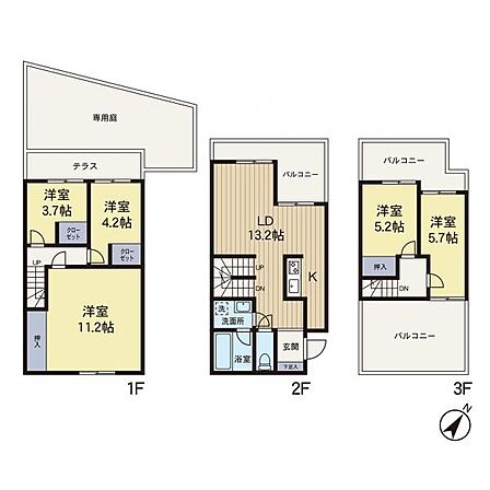 【間取り図】広々5LDKの間取りです!専用庭・テラス・バルコニーは3面備え陽当り良好です!