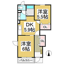 グランプレーヌ新子田A 2DKの間取図画像