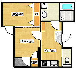 グランディール・Hatada 3階2Kの間取り