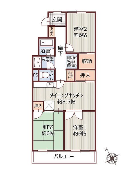 南向きで日当たり良好、各居室も6帖あり。
