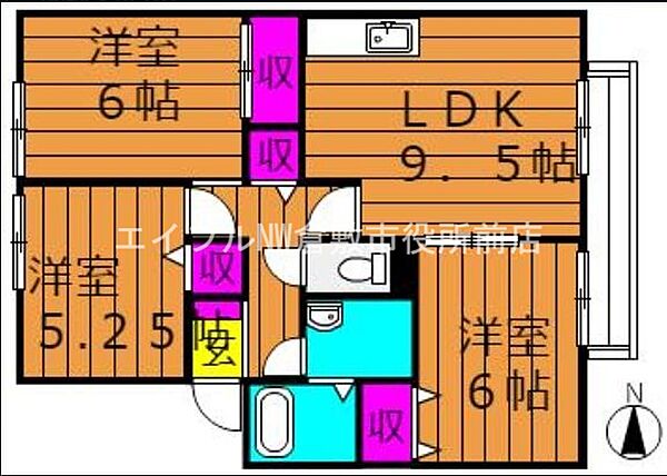 サンビレッジチェリオB ｜岡山県倉敷市中島(賃貸アパート3DK・2階・63.26㎡)の写真 その2