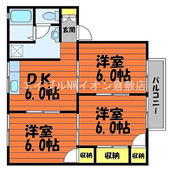 岡山県倉敷市福島(賃貸アパート3DK・2階・53.81㎡)の写真 その2