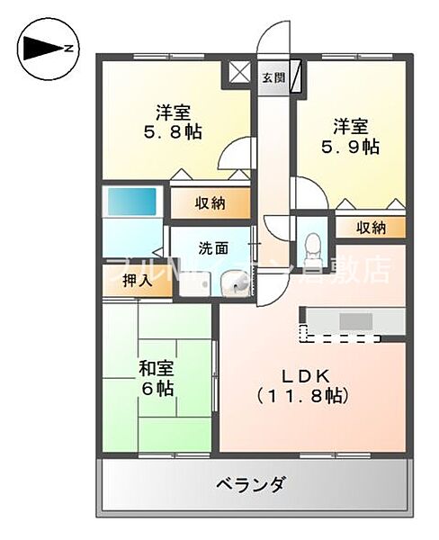 岡山県倉敷市大内(賃貸アパート3LDK・2階・66.24㎡)の写真 その2