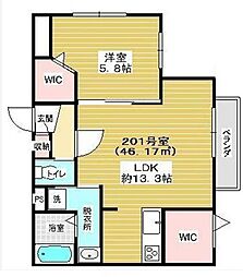 ウィステリアガーデン 2階1LDKの間取り