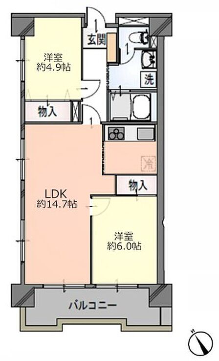 お部屋は10階の角部屋、陽当たりも通風も良好です。間取りは2LDKです。