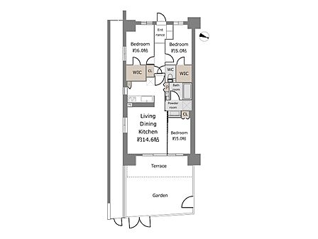 角住戸の3LDK+2WICの間取り。テラスと専用庭があり、通風・採光ともに良好。いつでも明るく爽やかな暮らしを。