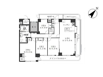 間取り：最上階、単独ペントハウス仕様♪三面バルコニーで開放感たっぷり！専用ポーチ、トランクルーム（無償）、WICつきの内装フルリノベ4LDK☆