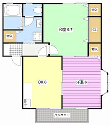 ハイカムールジャスミンB 2DKの間取図画像