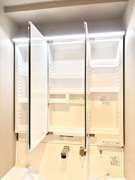 三面鏡の裏に、化粧品や衛生用品などを収納可能。洗面台をすっきりと保ちます！