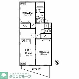 シャトレふれあいの丘 2LDKの間取図画像