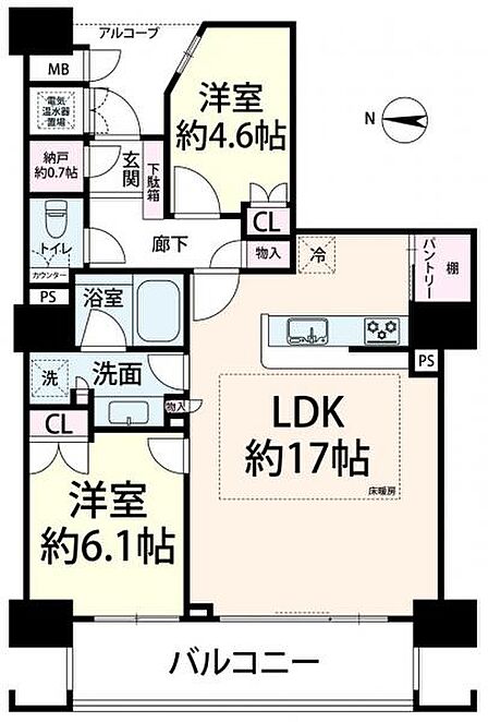 ≪間取り図≫ 16階部分・東向き・60.65平米/2LDKの間取り。