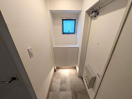 白を基調にした綺麗な玄関、ダウンライトがお洒落です