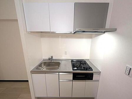 新規交換済のシステムキッチン、ホワイトカラーの清潔なデザイン