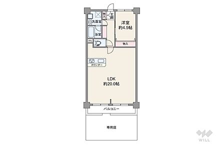 間取りは専有面積61.6平米の1LDK。専用庭付きのプラン。バルコニー面積は7.45平米です。