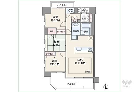 間取りは専有面積67.89平米の3LDK。LDK約18.3帖の縦長リビングのプラン。バルコニー面積は17.5平米です。