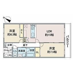 コーポハルラサン 2LDKの間取図画像