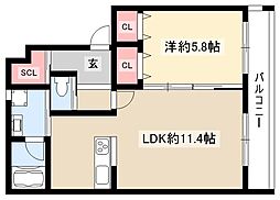 パークウエスト上社 1LDKの間取図画像